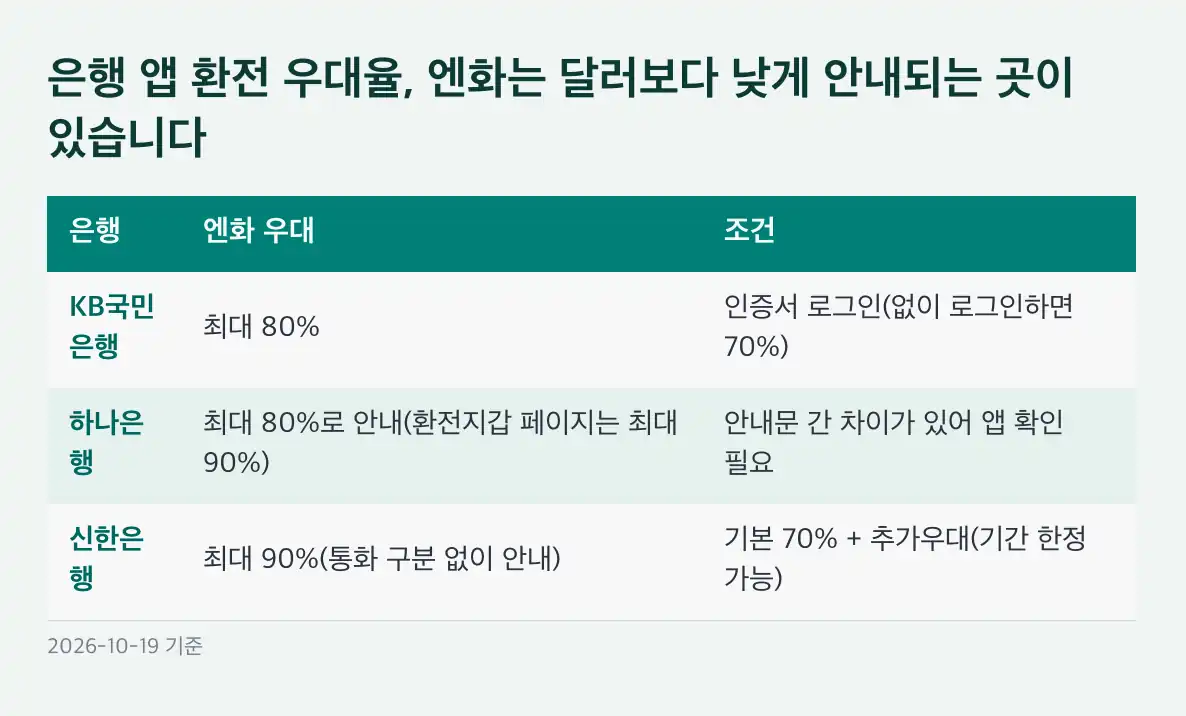 엔화 환전 은행 앱 환전 우대율, 엔화는 달러보다 낮게 안내되는 곳이 있습니다